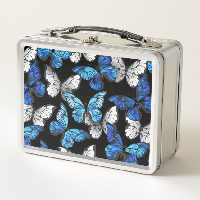 Dark Seamless Pattern with Blue Butterflies Morpho Metal Lunch Box (Front)