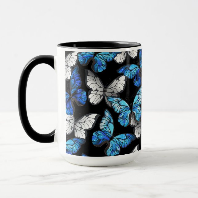 Dark Seamless Pattern with Blue Butterflies Morpho Mug (Left)
