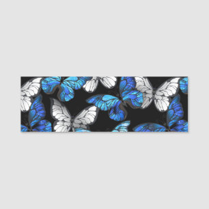 Dark Seamless Pattern with Blue Butterflies Morpho Name Tag