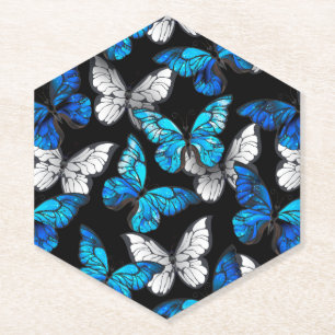 Dark Seamless Pattern with Blue Butterflies Morpho Paper Coaster