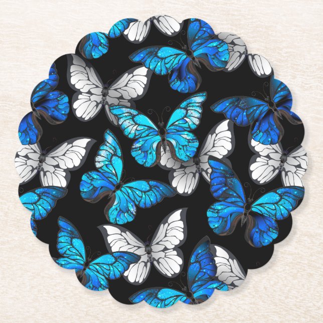 Dark Seamless Pattern with Blue Butterflies Morpho Paper Coaster (Front)