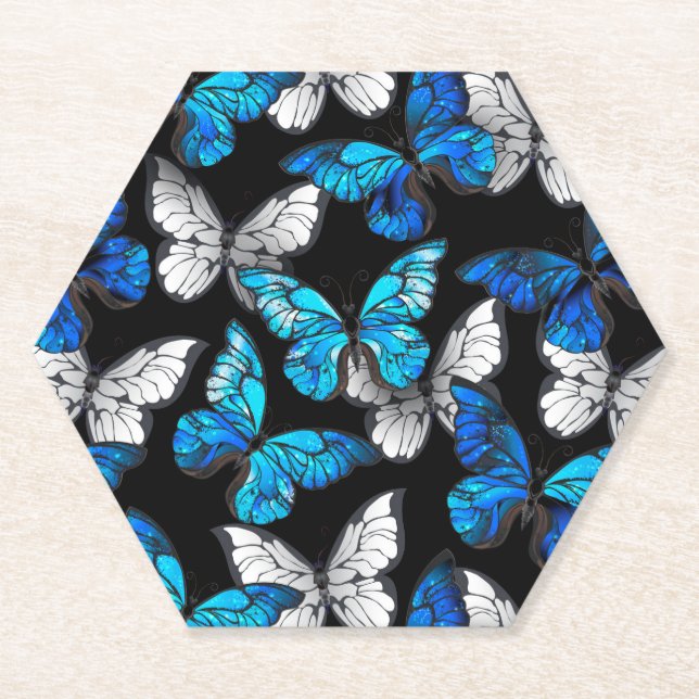 Dark Seamless Pattern with Blue Butterflies Morpho Paper Coaster (Front)