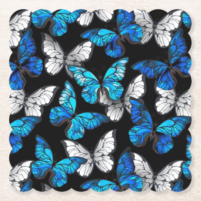 Dark Seamless Pattern with Blue Butterflies Morpho Paper Coaster (Front)