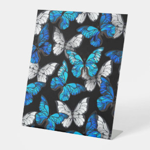 Dark Seamless Pattern with Blue Butterflies Morpho Pedestal Sign