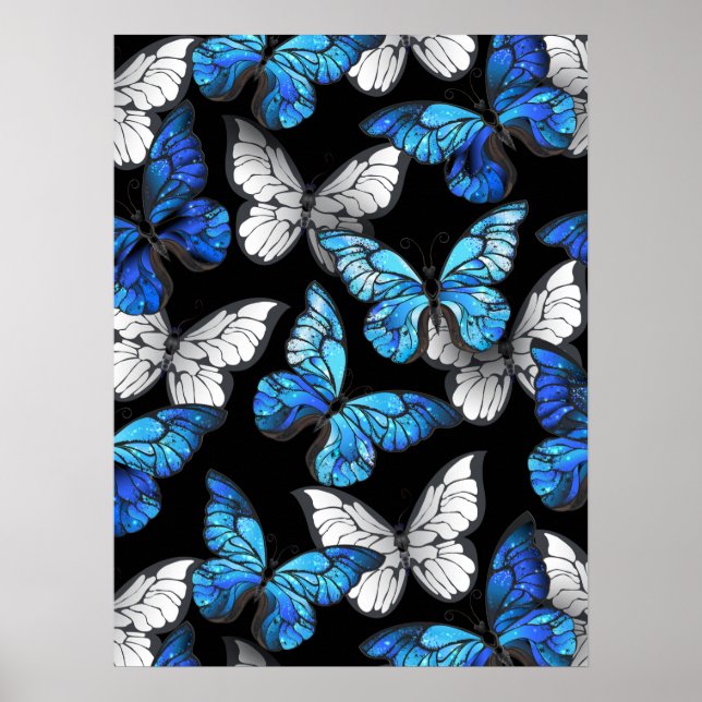 Dark Seamless Pattern with Blue Butterflies Morpho Poster (Front)