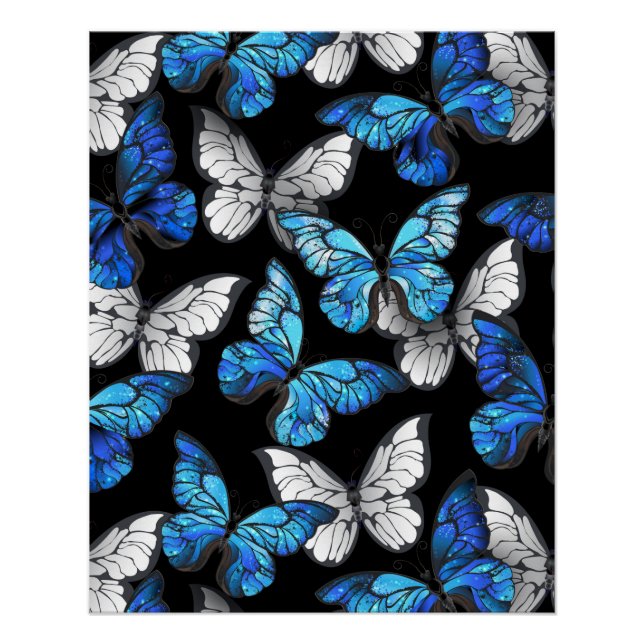 Dark Seamless Pattern with Blue Butterflies Morpho Poster (Front)