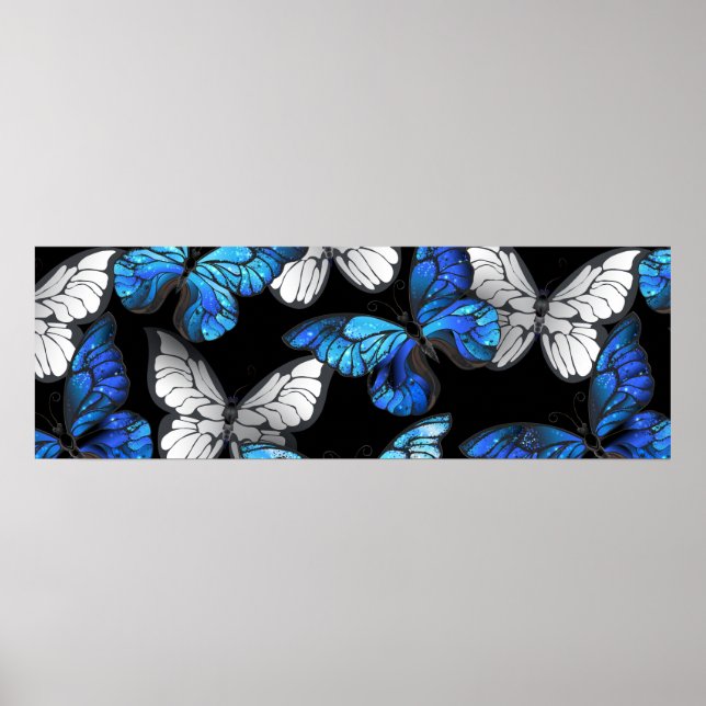 Dark Seamless Pattern with Blue Butterflies Morpho Poster (Front)