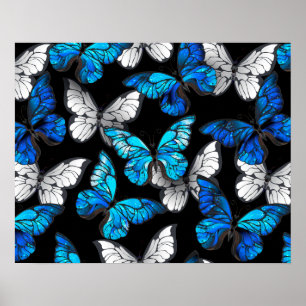 Dark Seamless Pattern with Blue Butterflies Morpho Poster