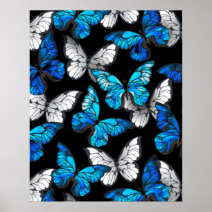 Dark Seamless Pattern with Blue Butterflies Morpho Poster