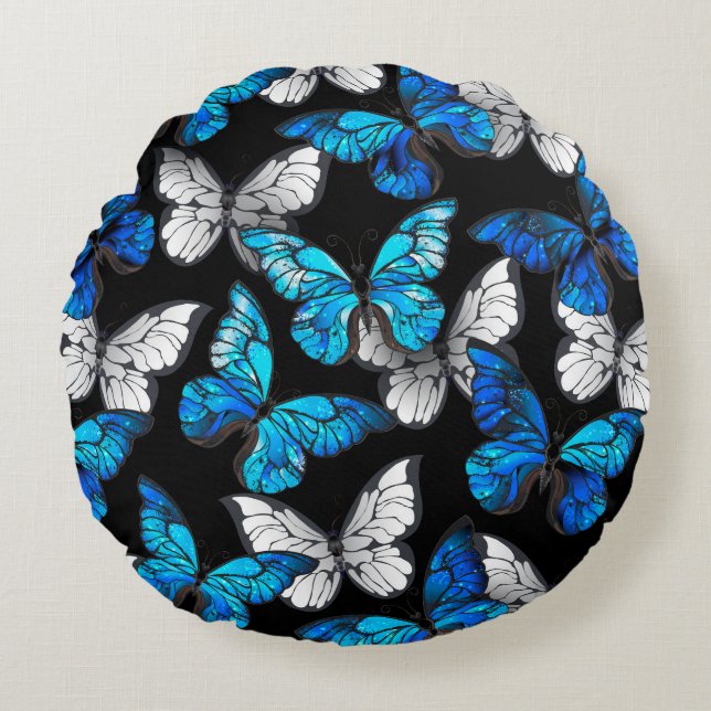 Dark Seamless Pattern with Blue Butterflies Morpho Round Cushion (Front)