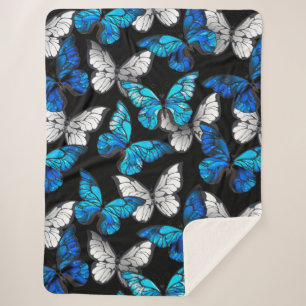 Dark Seamless Pattern with Blue Butterflies Morpho Sherpa Blanket