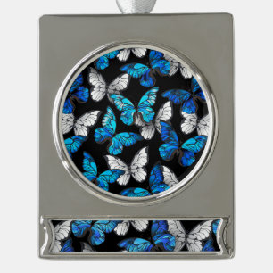 Dark Seamless Pattern with Blue Butterflies Morpho Silver Plated Banner Ornament