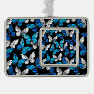 Dark Seamless Pattern with Blue Butterflies Morpho Silver Plated Framed Ornament