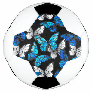 Dark Seamless Pattern with Blue Butterflies Morpho Soccer Ball