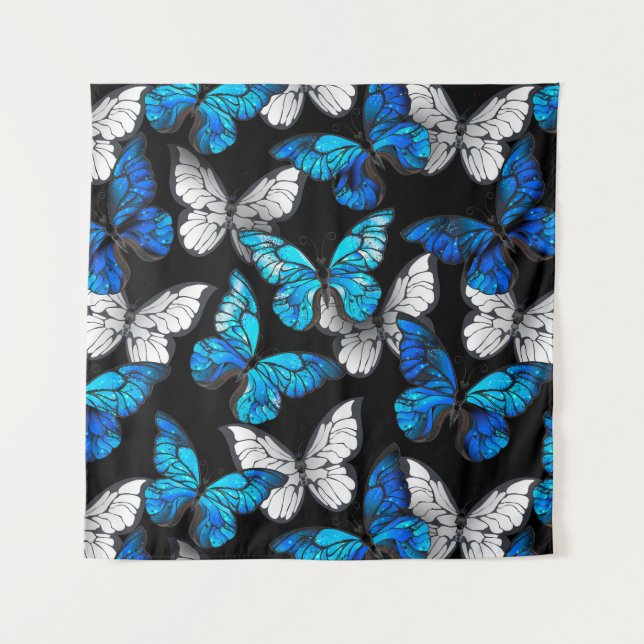 Dark Seamless Pattern with Blue Butterflies Morpho Tapestry (Front)