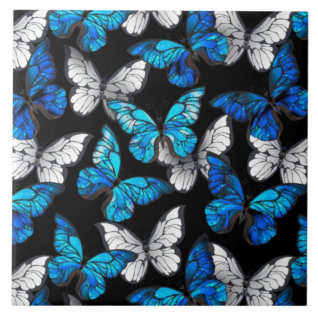Dark Seamless Pattern with Blue Butterflies Morpho Tile (Front)