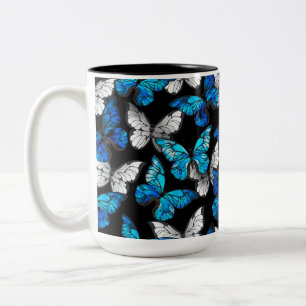 Dark Seamless Pattern with Blue Butterflies Morpho Two-Tone Coffee Mug