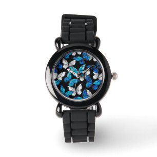 Dark Seamless Pattern with Blue Butterflies Morpho Watch