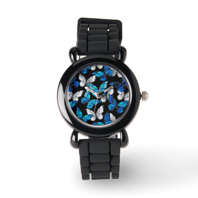 Dark Seamless Pattern with Blue Butterflies Morpho Watch (Front)