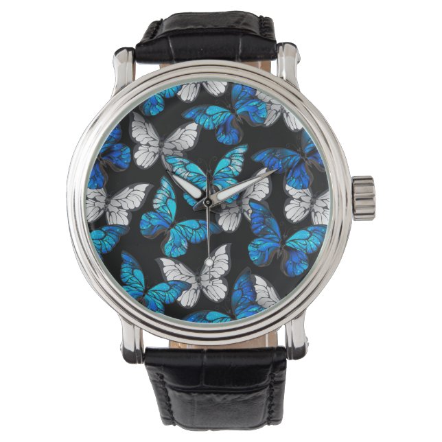 Dark Seamless Pattern with Blue Butterflies Morpho Watch (Front)