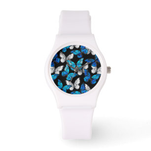 Dark Seamless Pattern with Blue Butterflies Morpho Watch