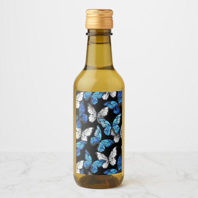 Dark Seamless Pattern with Blue Butterflies Morpho Wine Label (Front)