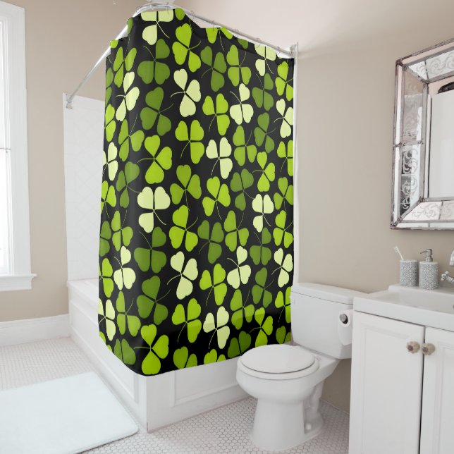 Dark Shamrock Pattern Green & Black Shower Curtain (In Situ)