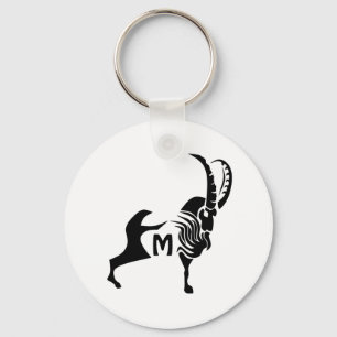 Dark Silhouette Ram in Black Ink Monogram Key Ring