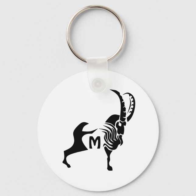 Dark Silhouette Ram in Black Ink Monogram Key Ring (Front)