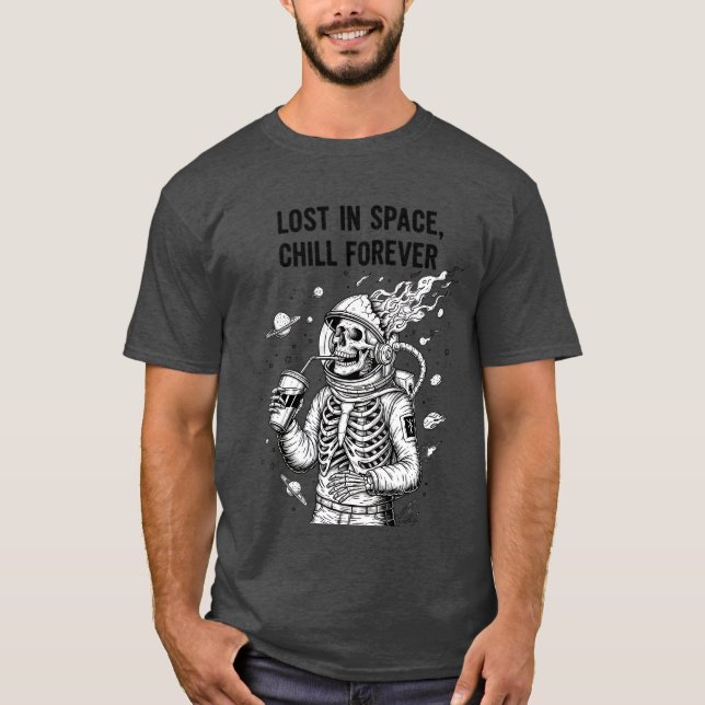 Dark Skeleton Astronaut in Space Drinking  T-Shirt (Front)