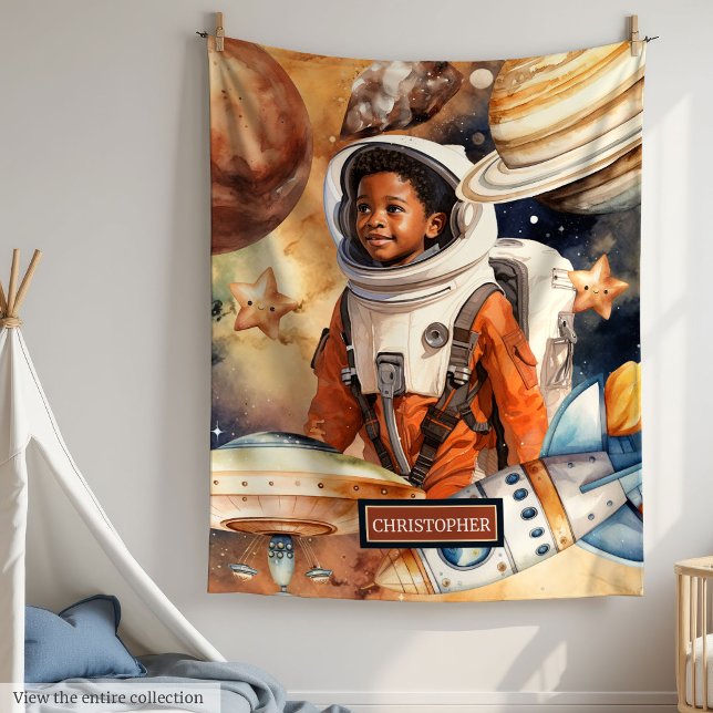 Dark Skin Astronaut Boy Blanket Watercolor Galaxy (Dark Skin Astronaut Boy Blanket Watercolor Galaxy)