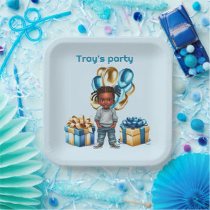 Dark Skin Boy Braids Party Paper Plate