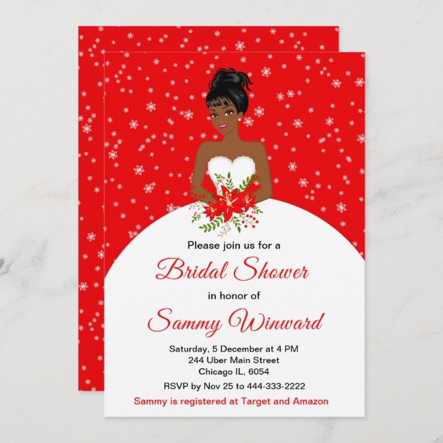 Dark Skin Bride Snowflake Red Bridal Shower Invitation (Front/Back)