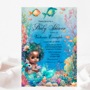 Dark Skin Mermaid Baby Shower Invitation