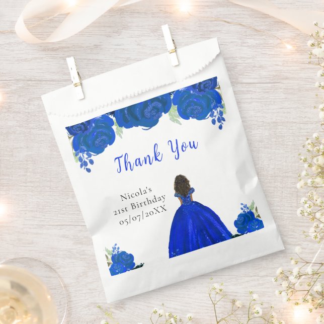 Dark Skin Princess Blue Floral Birthday Party Favour Bags (Clipped)