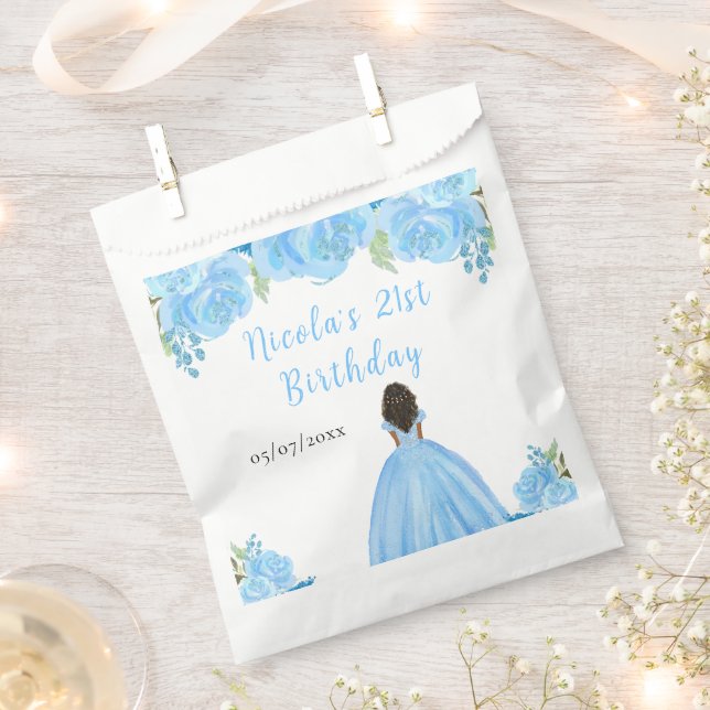 Dark Skin Princess Blue Floral Birthday Party Favour Bags (Clipped)