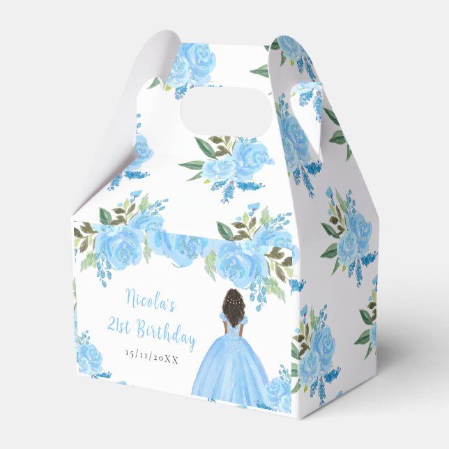 Dark Skin Princess Blue Floral Birthday Party Favour Box (Front Side)