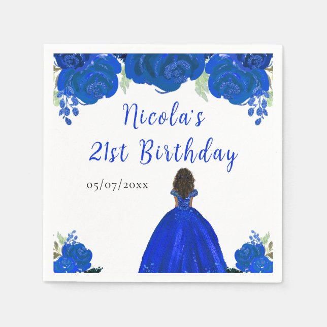 Dark Skin Princess Blue Floral Birthday Party Napkin (Front)