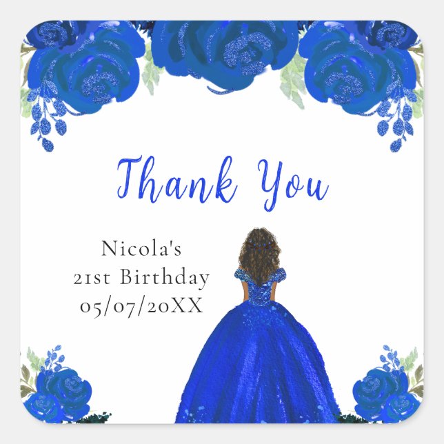 Dark Skin Princess Blue Floral Birthday Party Square Sticker (Front)