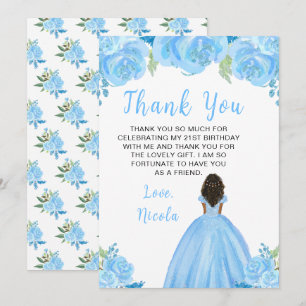 Dark Skin Princess Blue Floral Birthday Party Thank You Card