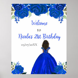 Dark Skin Princess Blue Floral Birthday Welcome Poster