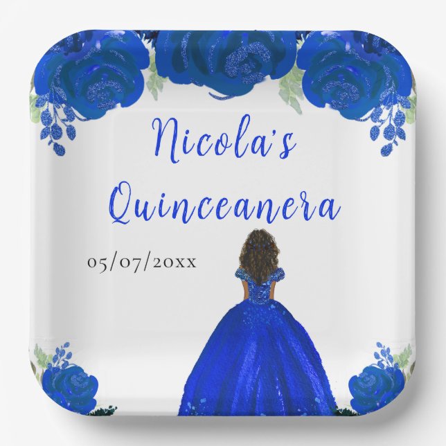Dark Skin Princess Blue Floral Quinceanera Paper Plate (Front)