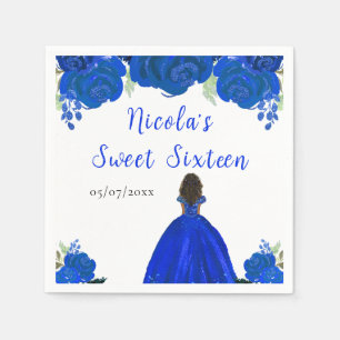Dark Skin Princess Blue Floral Sweet Sixteen Napkin