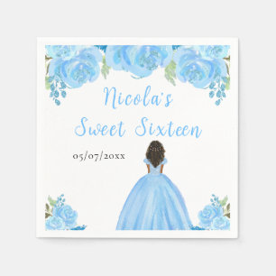 Dark Skin Princess Blue Floral Sweet Sixteen Napkin