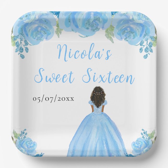 Dark Skin Princess Blue Floral Sweet Sixteen Paper Plate (Front)