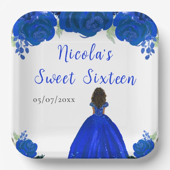 Dark Skin Princess Blue Floral Sweet Sixteen Paper Plate (Front)