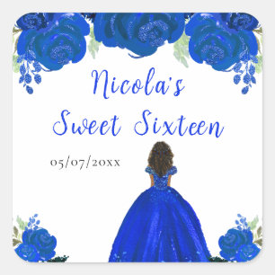 Dark Skin Princess Blue Floral Sweet Sixteen Square Sticker