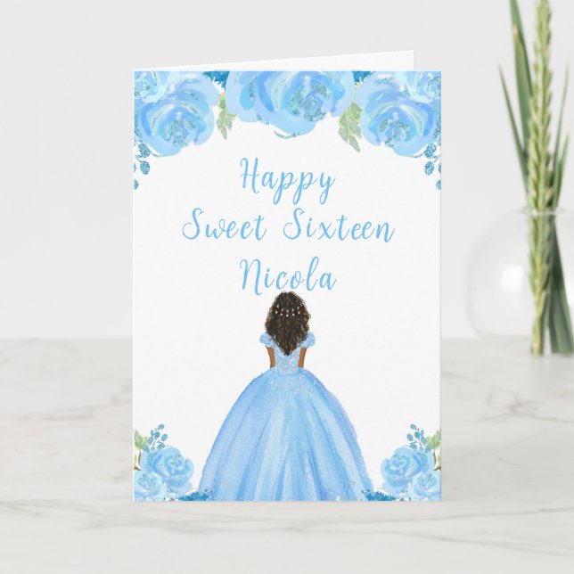 Dark Skin Princess Bright Blue Sweet Sixteen Card (Front)