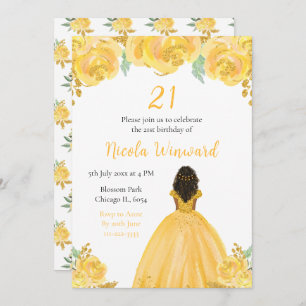 Dark Skin Princess Gold Floral Birthday Party Invitation