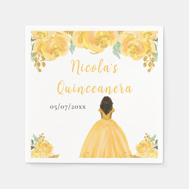 Dark Skin Princess Gold Floral Quinceanera Napkin (Front)